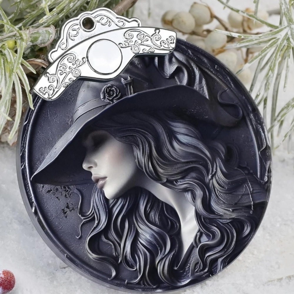 Goth‎ Black and Silver Witch Glass Ornament